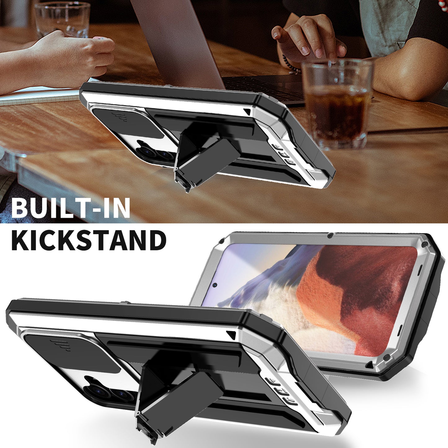 R-JUST For Samsung Galaxy S24 Case PC+Silicone+Metal Back Shell with Slide Camera Lid - Silver