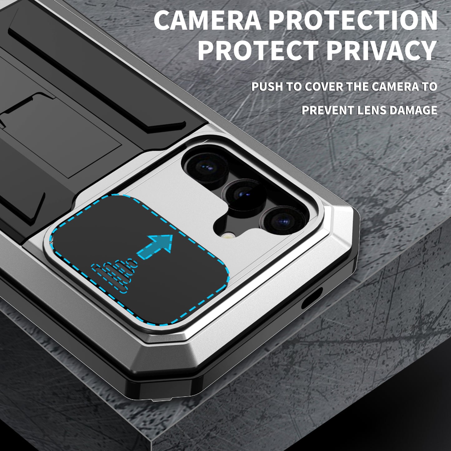 R-JUST For Samsung Galaxy S24 Case PC+Silicone+Metal Back Shell with Slide Camera Lid - Silver