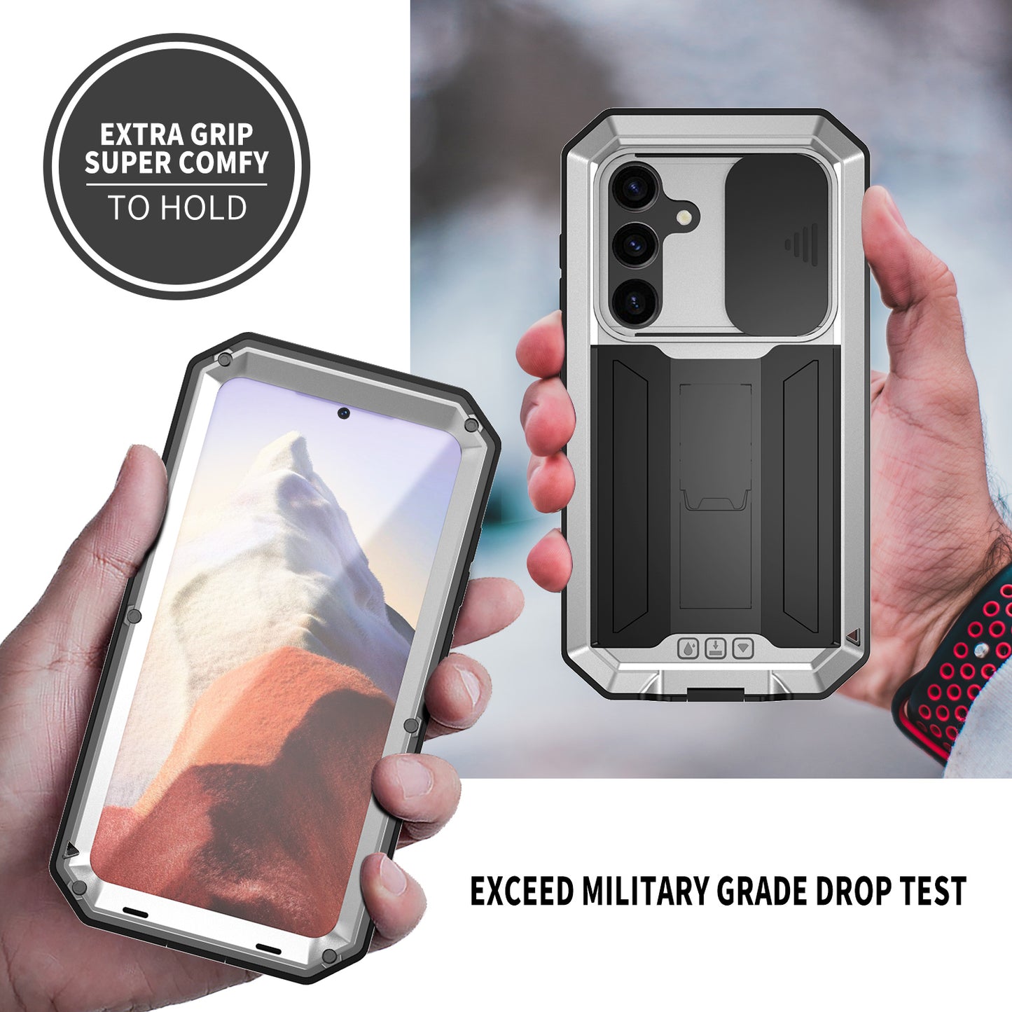 R-JUST For Samsung Galaxy S24 Case PC+Silicone+Metal Back Shell with Slide Camera Lid - Silver