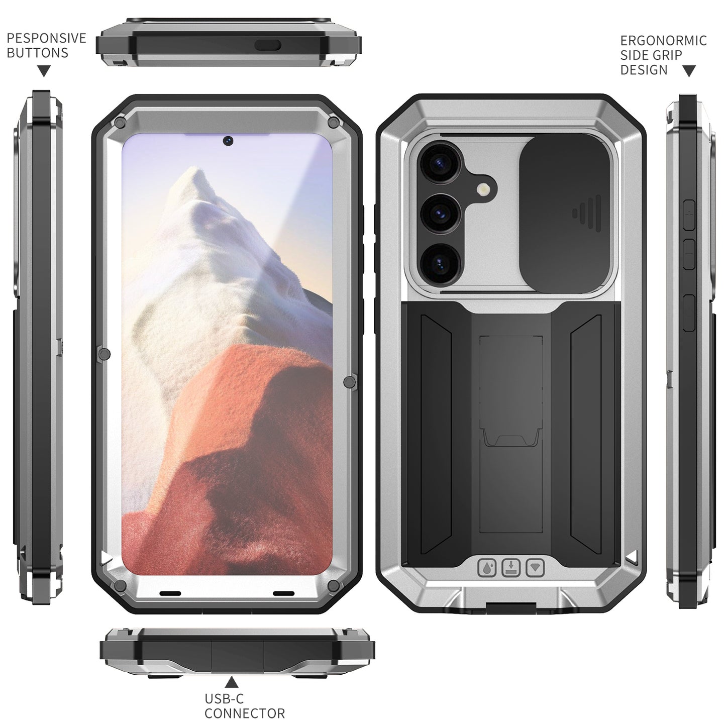 R-JUST For Samsung Galaxy S24 Case PC+Silicone+Metal Back Shell with Slide Camera Lid - Silver