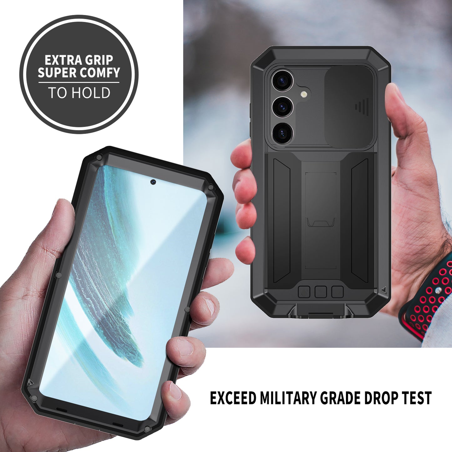 R-JUST For Samsung Galaxy S24+ Cell Phone Case PC+Silicone+Metal Kickstand Cover - Black
