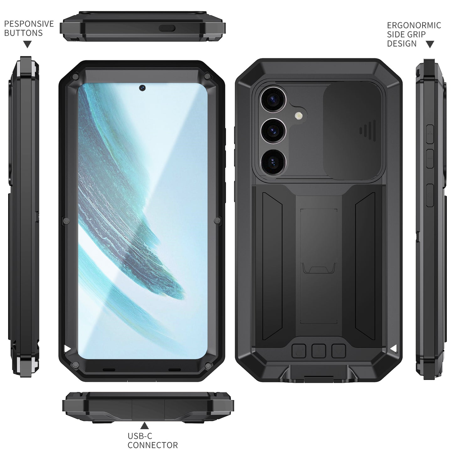 R-JUST For Samsung Galaxy S24+ Cell Phone Case PC+Silicone+Metal Kickstand Cover - Black