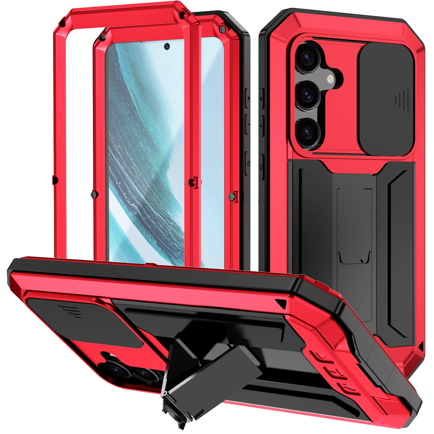 R-JUST For Samsung Galaxy S24+ Cell Phone Case PC+Silicone+Metal Kickstand Cover - Red