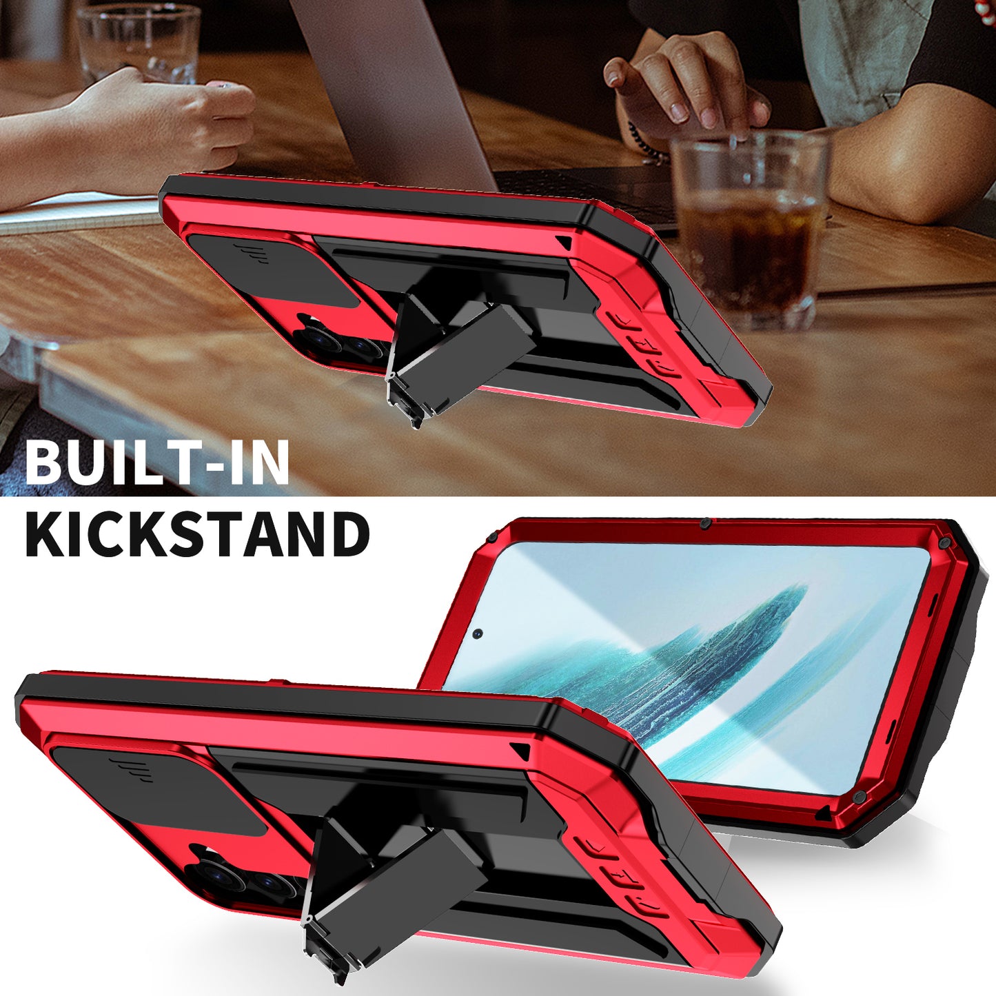 R-JUST For Samsung Galaxy S24+ Cell Phone Case PC+Silicone+Metal Kickstand Cover - Red