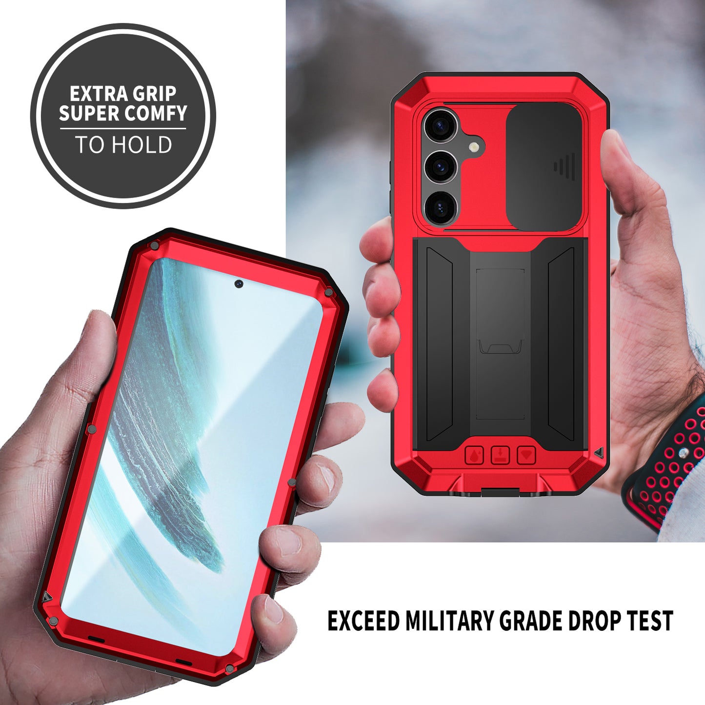R-JUST For Samsung Galaxy S24+ Cell Phone Case PC+Silicone+Metal Kickstand Cover - Red