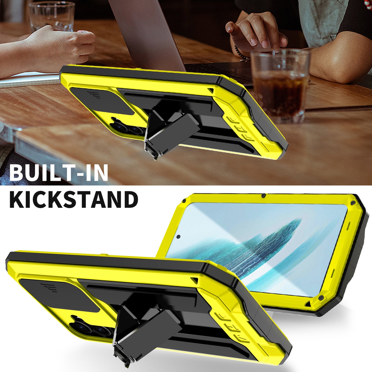 R-JUST For Samsung Galaxy S24+ Cell Phone Case PC+Silicone+Metal Kickstand Cover - Yellow