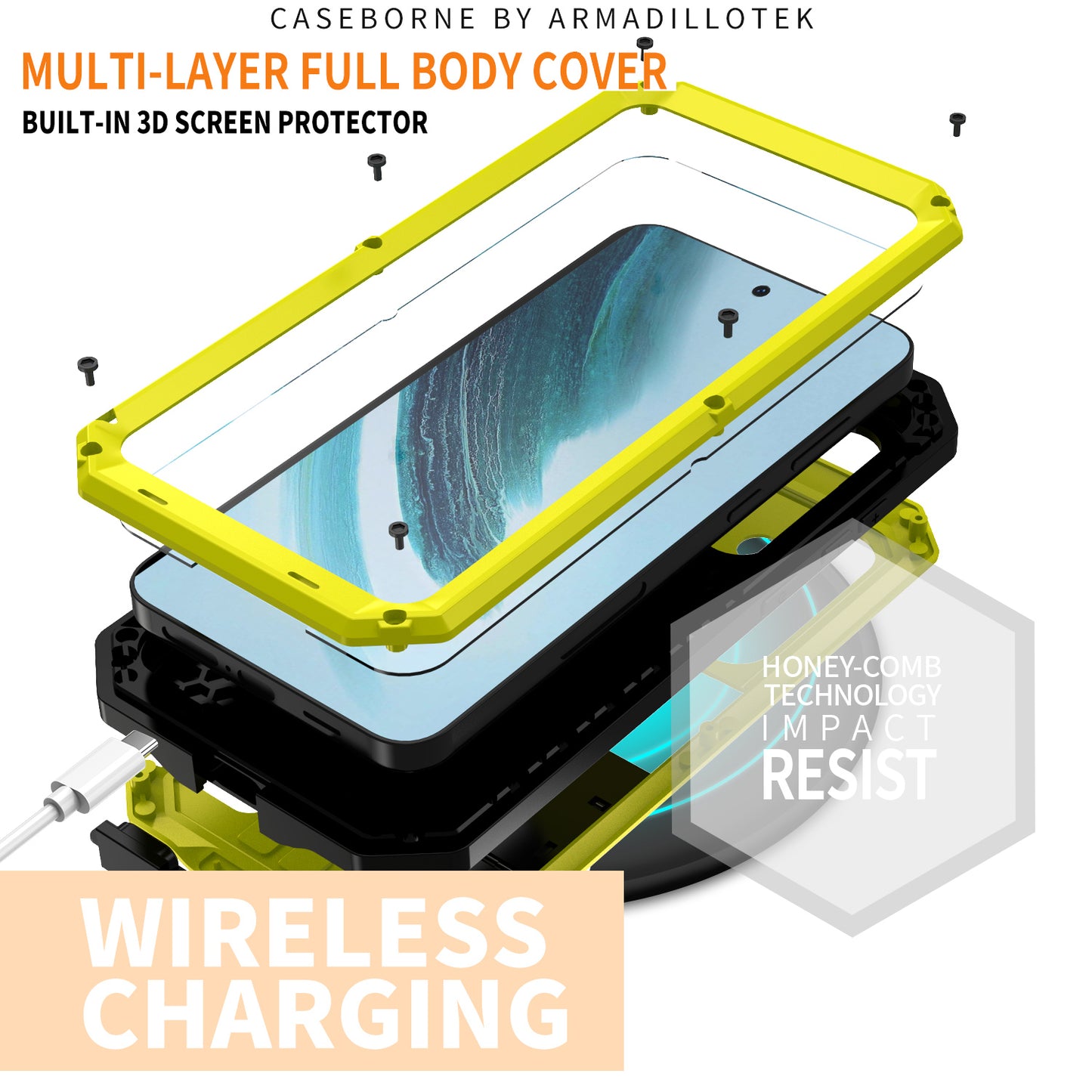 R-JUST For Samsung Galaxy S24+ Cell Phone Case PC+Silicone+Metal Kickstand Cover - Yellow