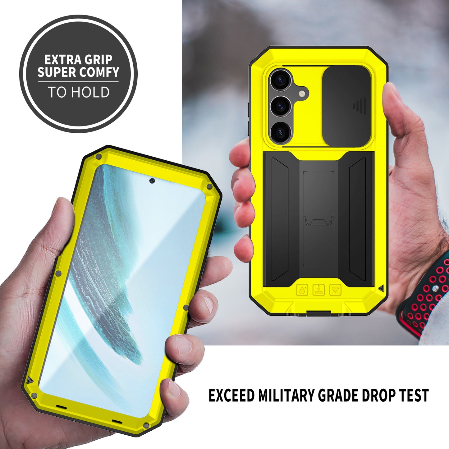 R-JUST For Samsung Galaxy S24+ Cell Phone Case PC+Silicone+Metal Kickstand Cover - Yellow