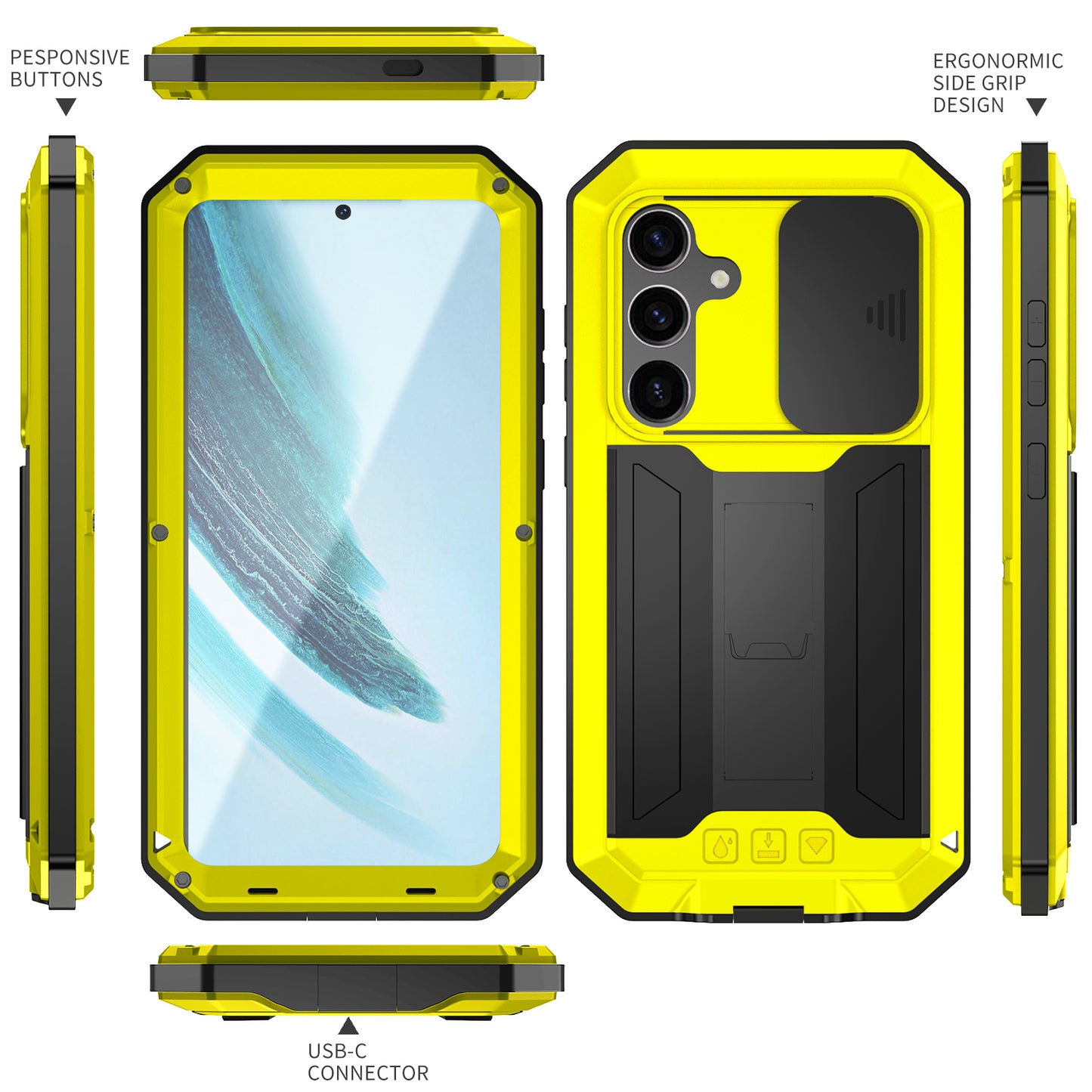 R-JUST For Samsung Galaxy S24+ Cell Phone Case PC+Silicone+Metal Kickstand Cover - Yellow