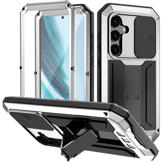 R-JUST For Samsung Galaxy S24+ Cell Phone Case PC+Silicone+Metal Kickstand Cover - Silver