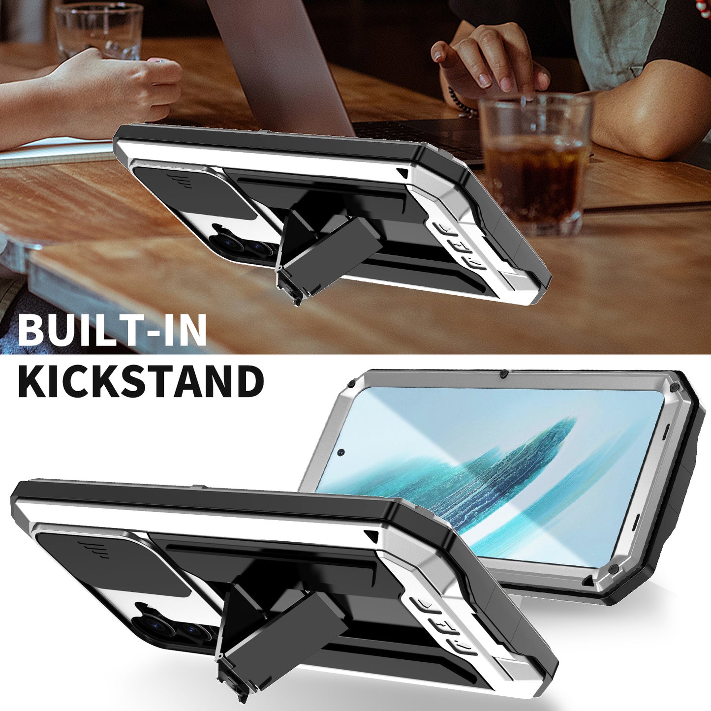 R-JUST For Samsung Galaxy S24+ Cell Phone Case PC+Silicone+Metal Kickstand Cover - Silver