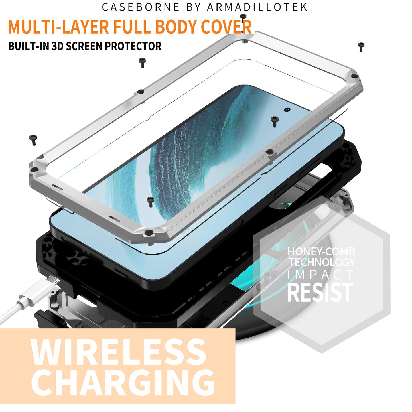 R-JUST For Samsung Galaxy S24+ Cell Phone Case PC+Silicone+Metal Kickstand Cover - Silver