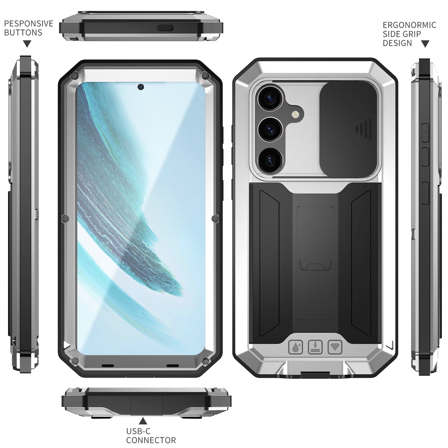 R-JUST For Samsung Galaxy S24+ Cell Phone Case PC+Silicone+Metal Kickstand Cover - Silver