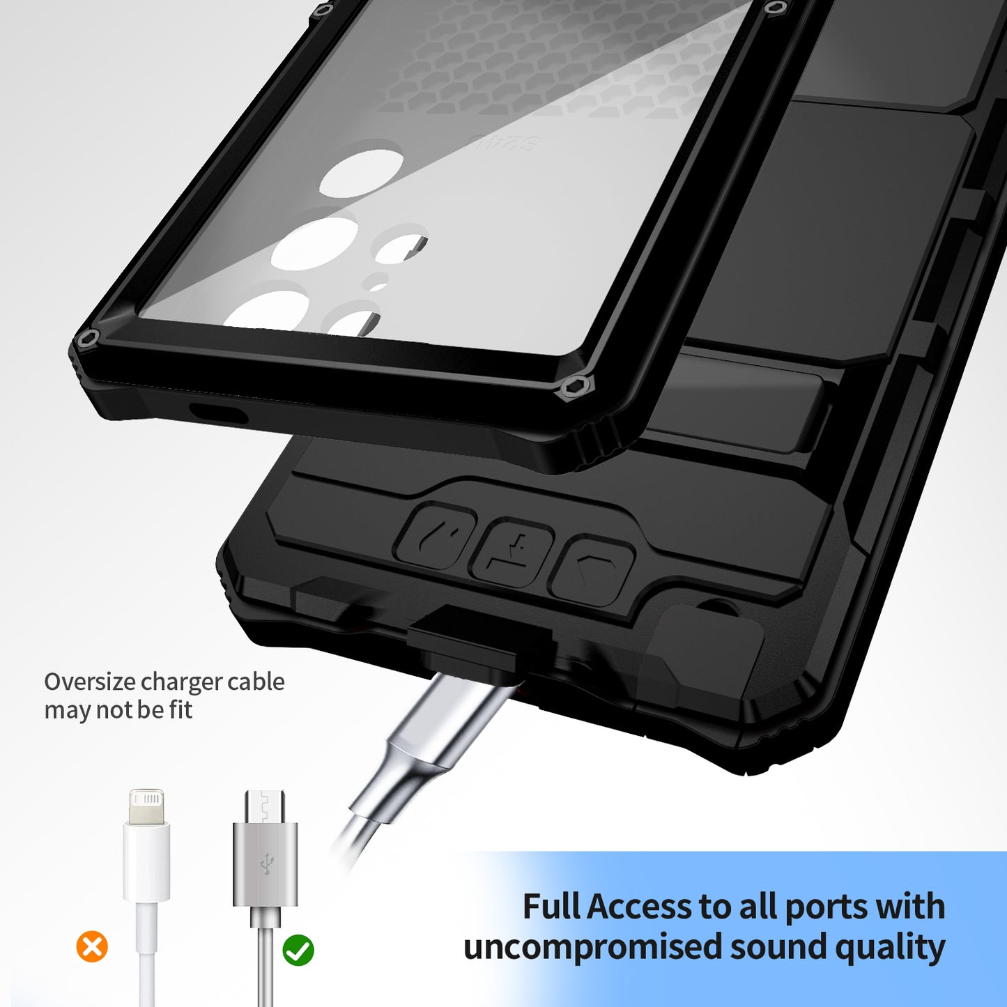R-JUST For Samsung Galaxy S24 Ultra Shockproof Case Kickstand Drop-proof Cover Tempered Glass Film - Black