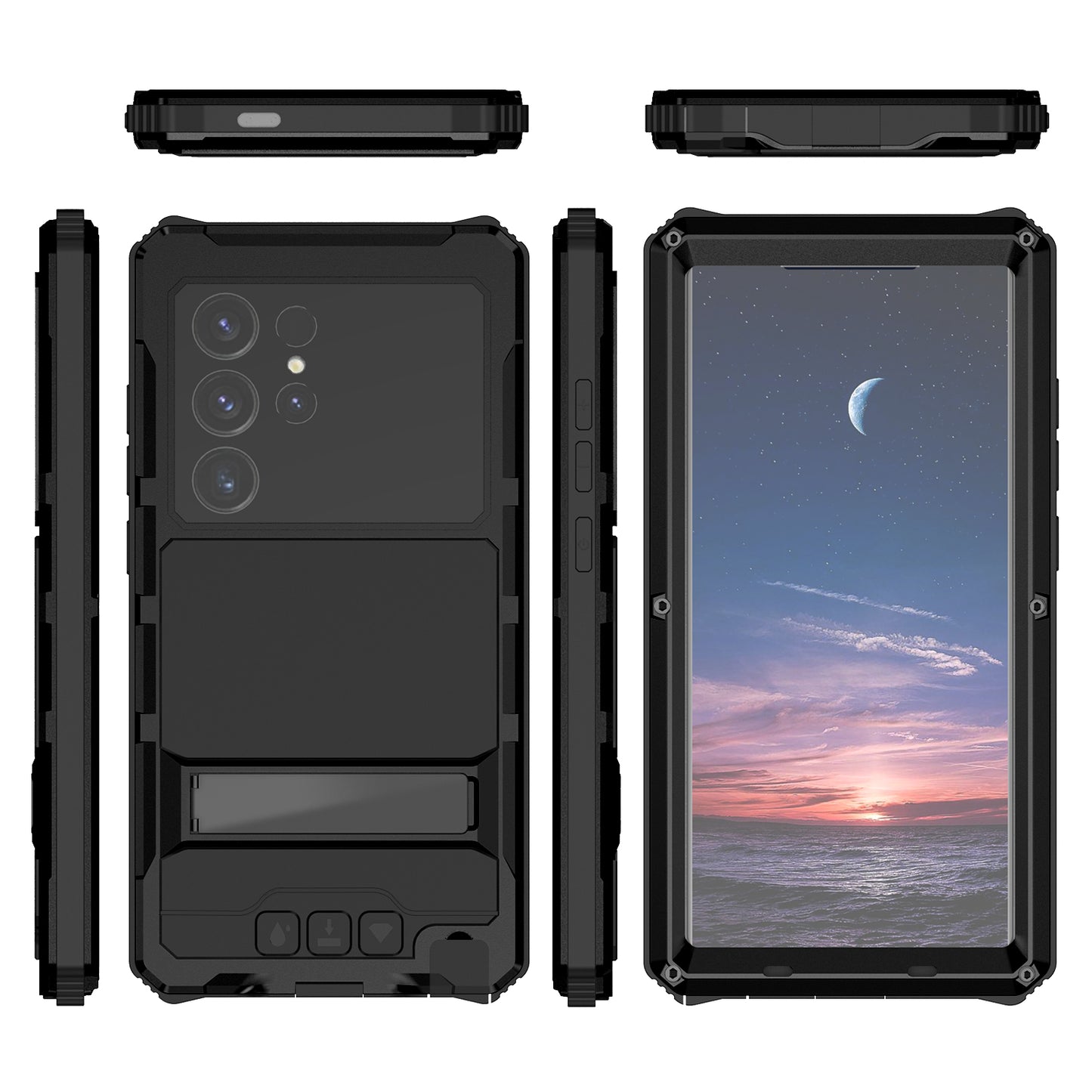 R-JUST For Samsung Galaxy S24 Ultra Shockproof Case Kickstand Drop-proof Cover Tempered Glass Film - Black