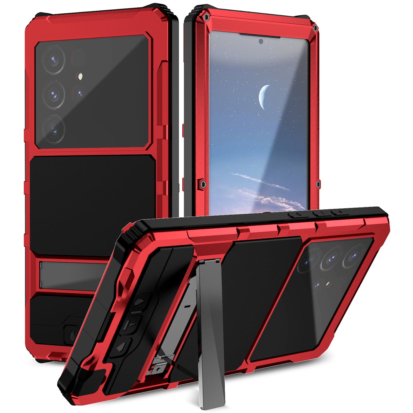 R-JUST For Samsung Galaxy S24 Ultra Shockproof Case Kickstand Drop-proof Cover Tempered Glass Film - Red