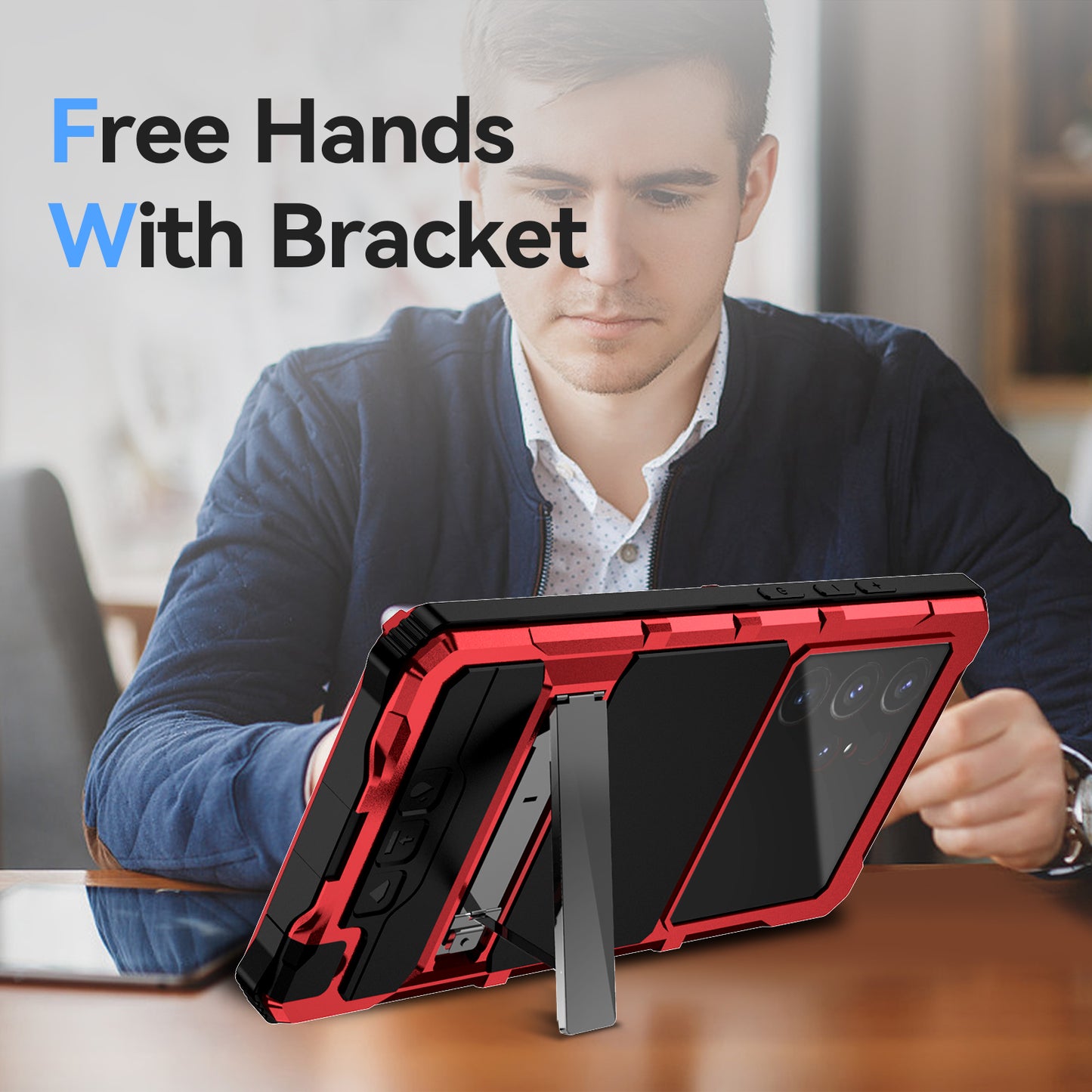 R-JUST For Samsung Galaxy S24 Ultra Shockproof Case Kickstand Drop-proof Cover Tempered Glass Film - Red
