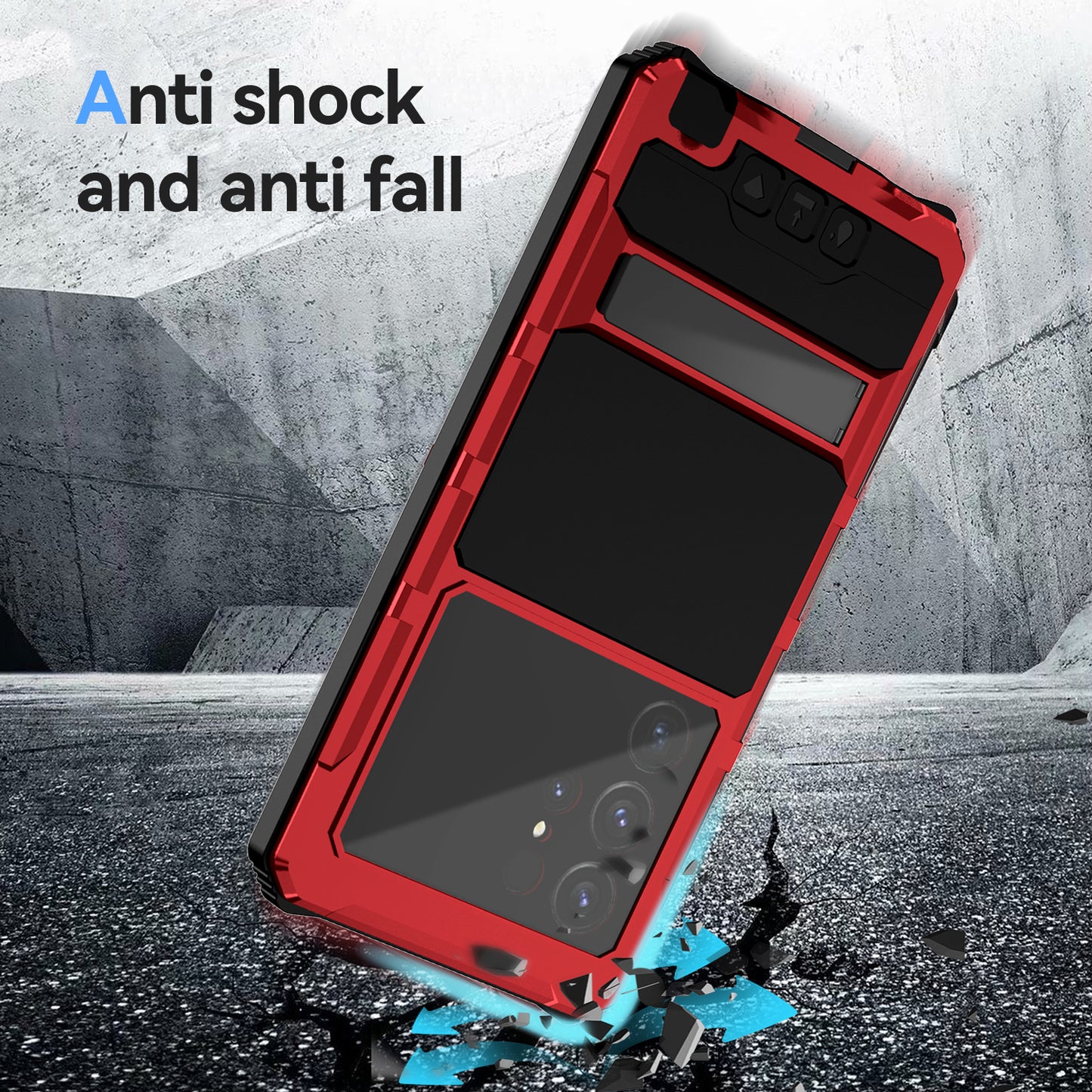 R-JUST For Samsung Galaxy S24 Ultra Shockproof Case Kickstand Drop-proof Cover Tempered Glass Film - Red