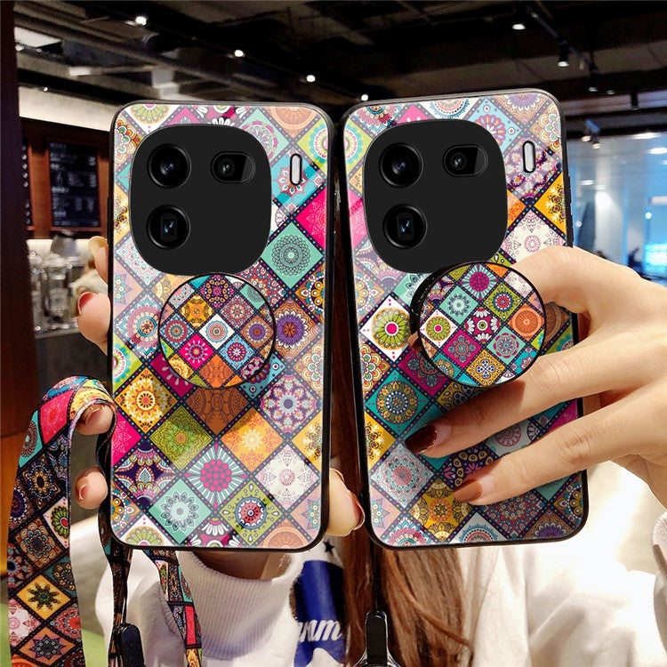 For vivo iQOO 12 5G Kickstand Case Tempered Glass+PC+TPU Cover with Lanyard - Color Pattern