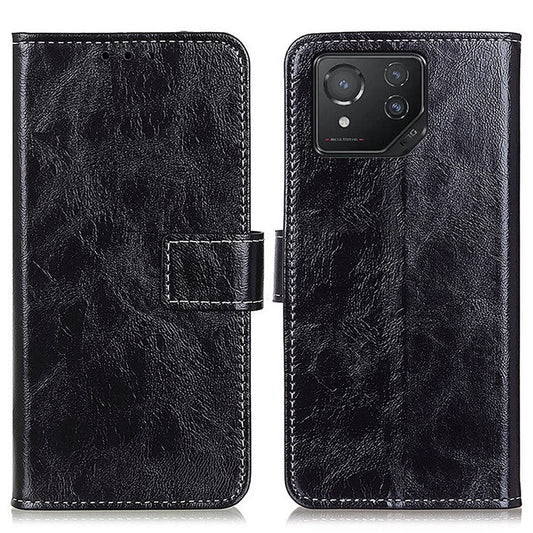 Vintage Case for Asus ROG Phone 8 5G / Phone 8 Pro 5G Shell Crazy Horse Texture Leather Stand Cover - Black