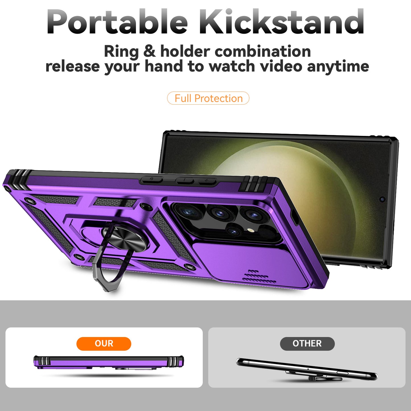 For Samsung Galaxy S24 Ultra Case Kickstand Phone Cover with Slide Lens Protection - Purple