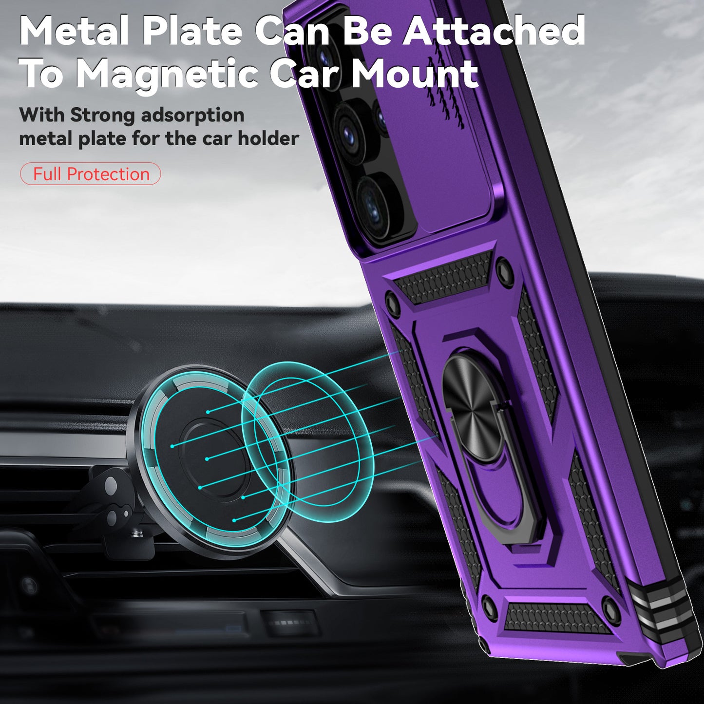 For Samsung Galaxy S24 Ultra Case Kickstand Phone Cover with Slide Lens Protection - Purple