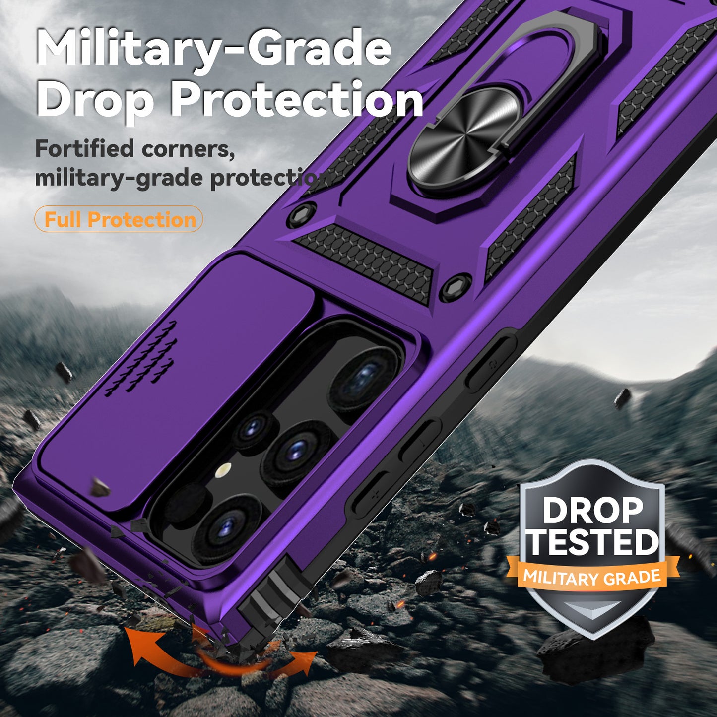 For Samsung Galaxy S24 Ultra Case Kickstand Phone Cover with Slide Lens Protection - Purple