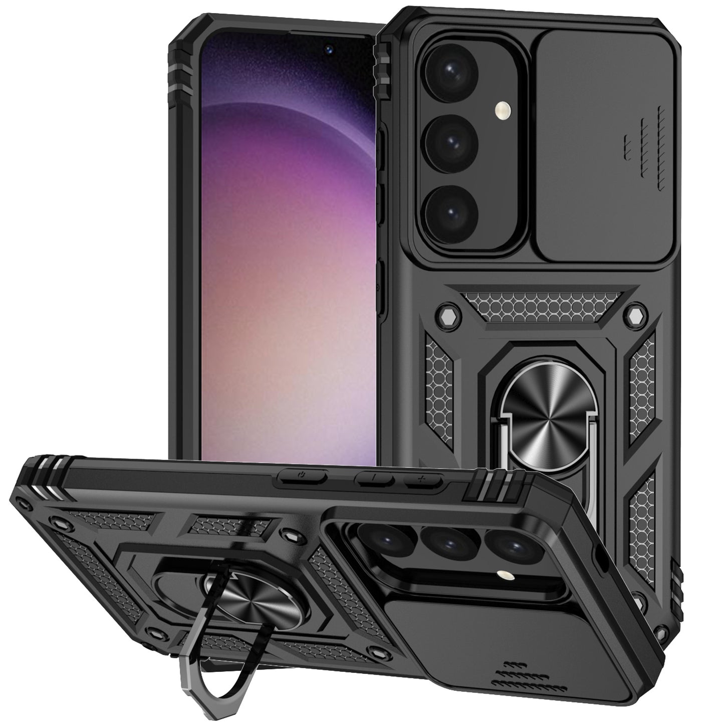 For Samsung Galaxy S24 Case with Camera Slide Protector Kickstand PC+TPU Phone Cover - Black