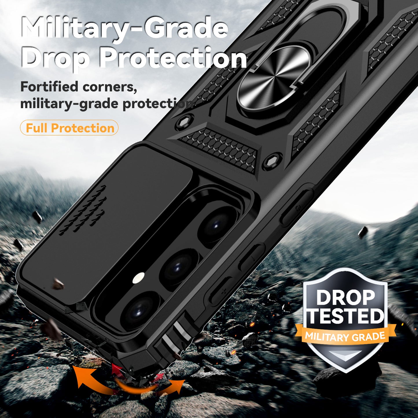 For Samsung Galaxy S24 Case with Camera Slide Protector Kickstand PC+TPU Phone Cover - Black
