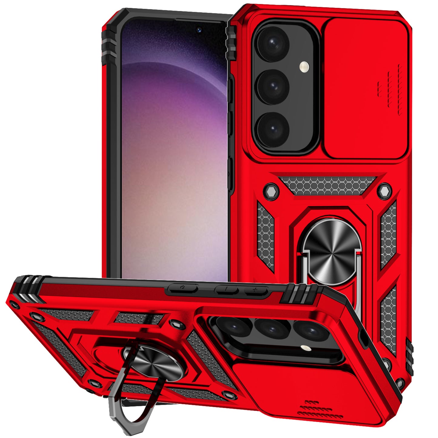 For Samsung Galaxy S24 Case with Camera Slide Protector Kickstand PC+TPU Phone Cover - Red
