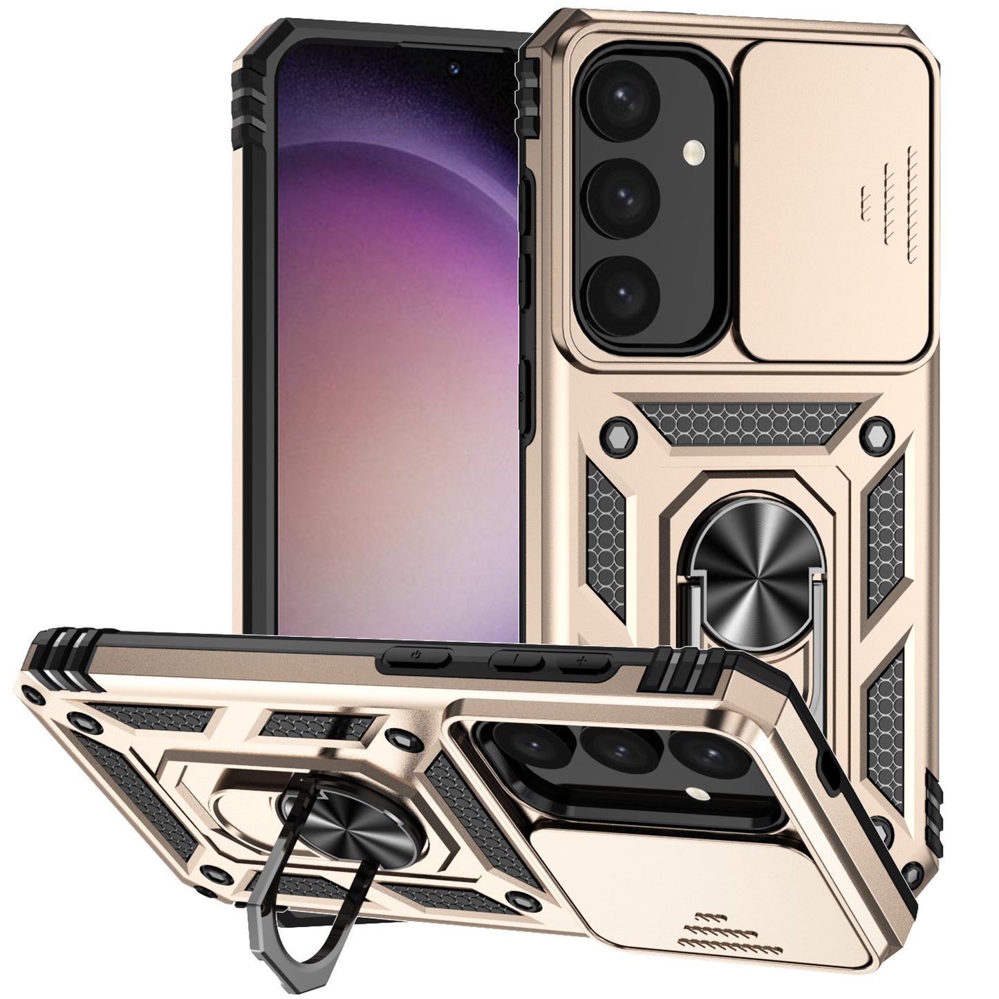 For Samsung Galaxy S24 Case with Camera Slide Protector Kickstand PC+TPU Phone Cover - Gold
