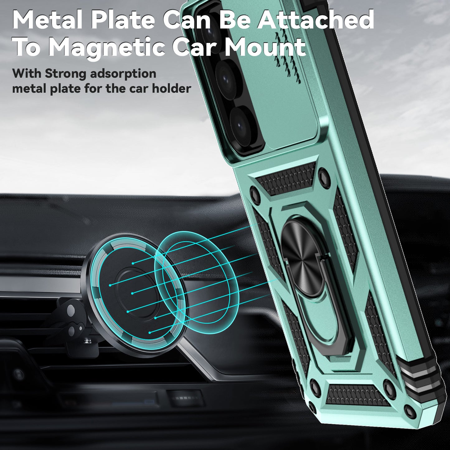 For Samsung Galaxy S24 Case with Camera Slide Protector Kickstand PC+TPU Phone Cover - Green