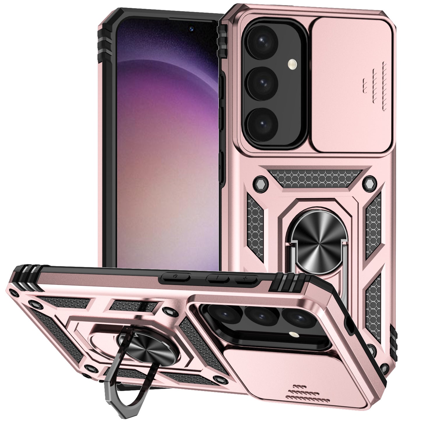 For Samsung Galaxy S24 Case with Camera Slide Protector Kickstand PC+TPU Phone Cover - Rose Gold