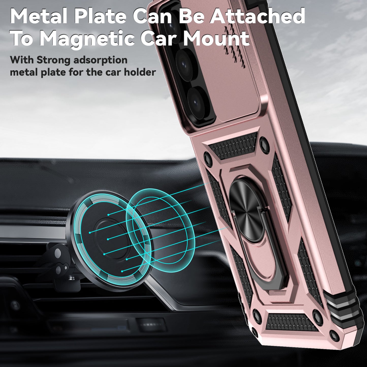 For Samsung Galaxy S24 Case with Camera Slide Protector Kickstand PC+TPU Phone Cover - Rose Gold