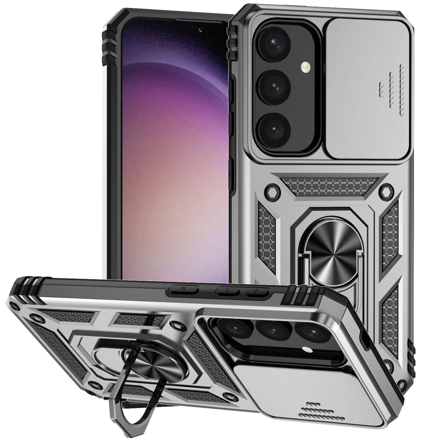 For Samsung Galaxy S24 Case with Camera Slide Protector Kickstand PC+TPU Phone Cover - Silver