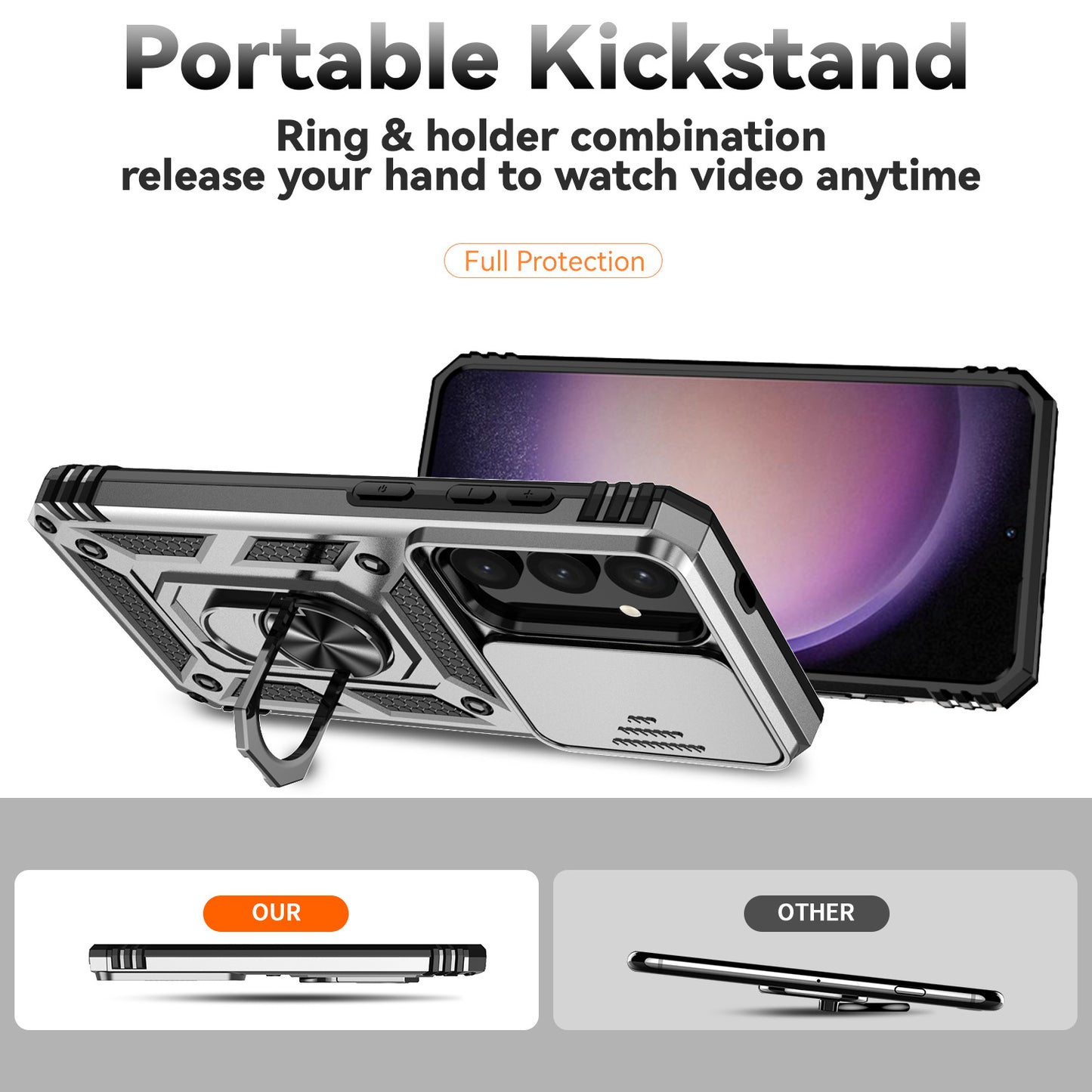 For Samsung Galaxy S24 Case with Camera Slide Protector Kickstand PC+TPU Phone Cover - Silver