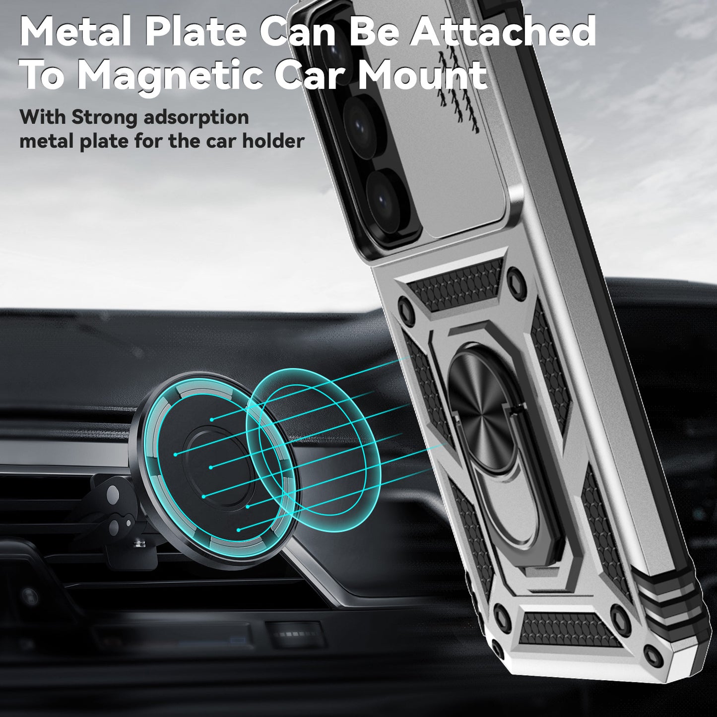 For Samsung Galaxy S24 Case with Camera Slide Protector Kickstand PC+TPU Phone Cover - Silver