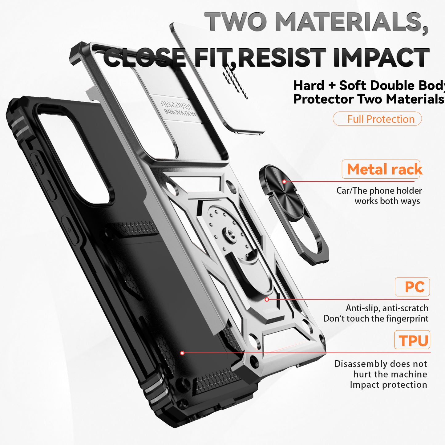 For Samsung Galaxy S24 Case with Camera Slide Protector Kickstand PC+TPU Phone Cover - Silver