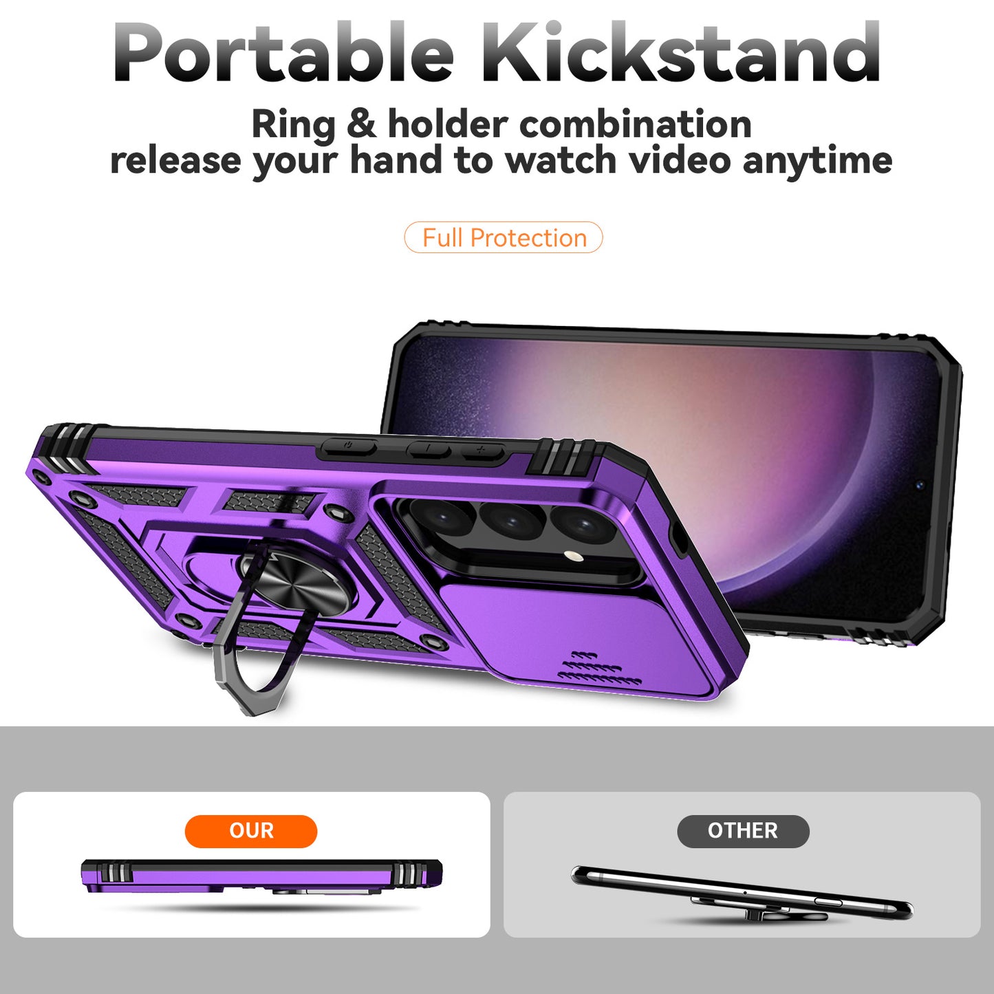 For Samsung Galaxy S24 Case with Camera Slide Protector Kickstand PC+TPU Phone Cover - Purple
