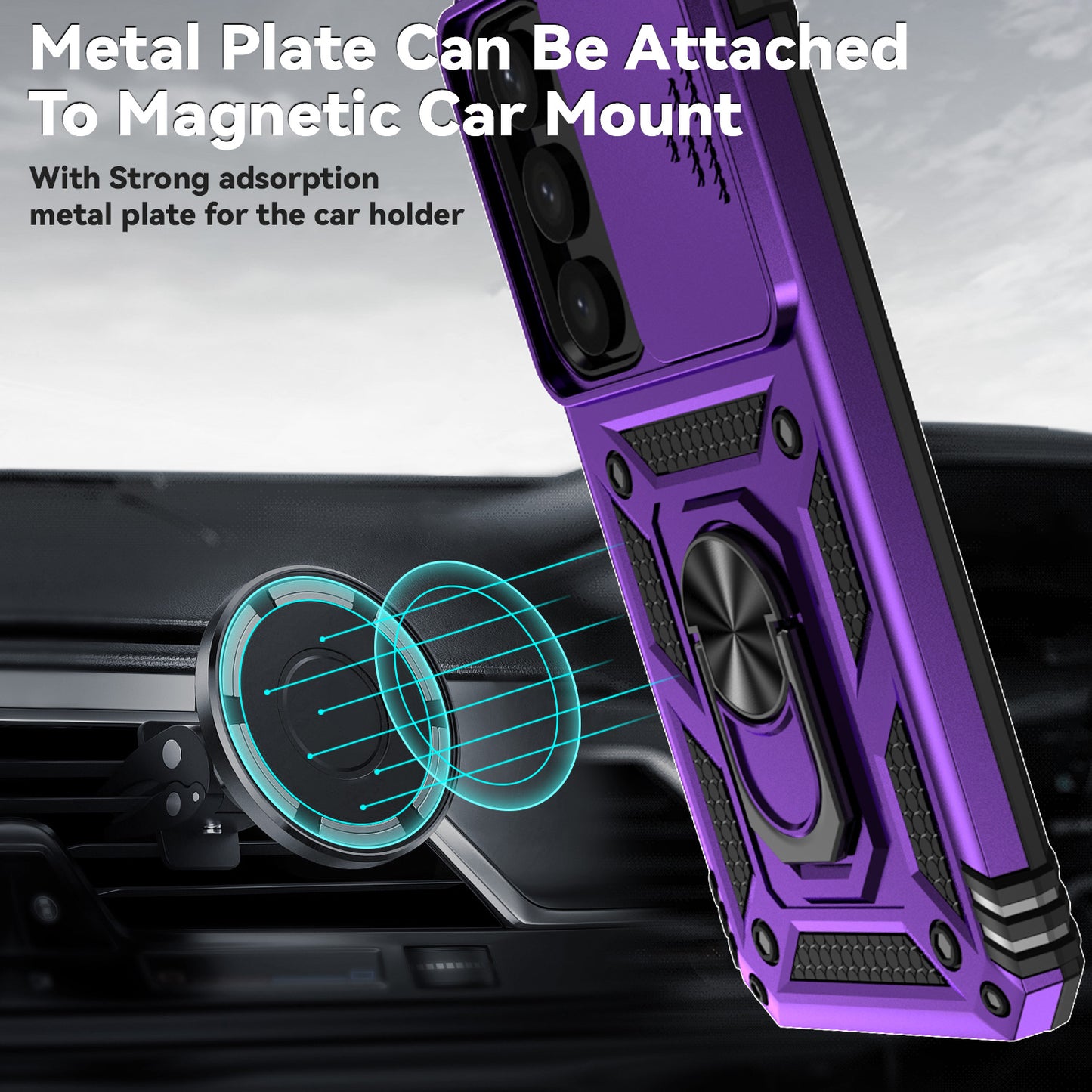 For Samsung Galaxy S24 Case with Camera Slide Protector Kickstand PC+TPU Phone Cover - Purple