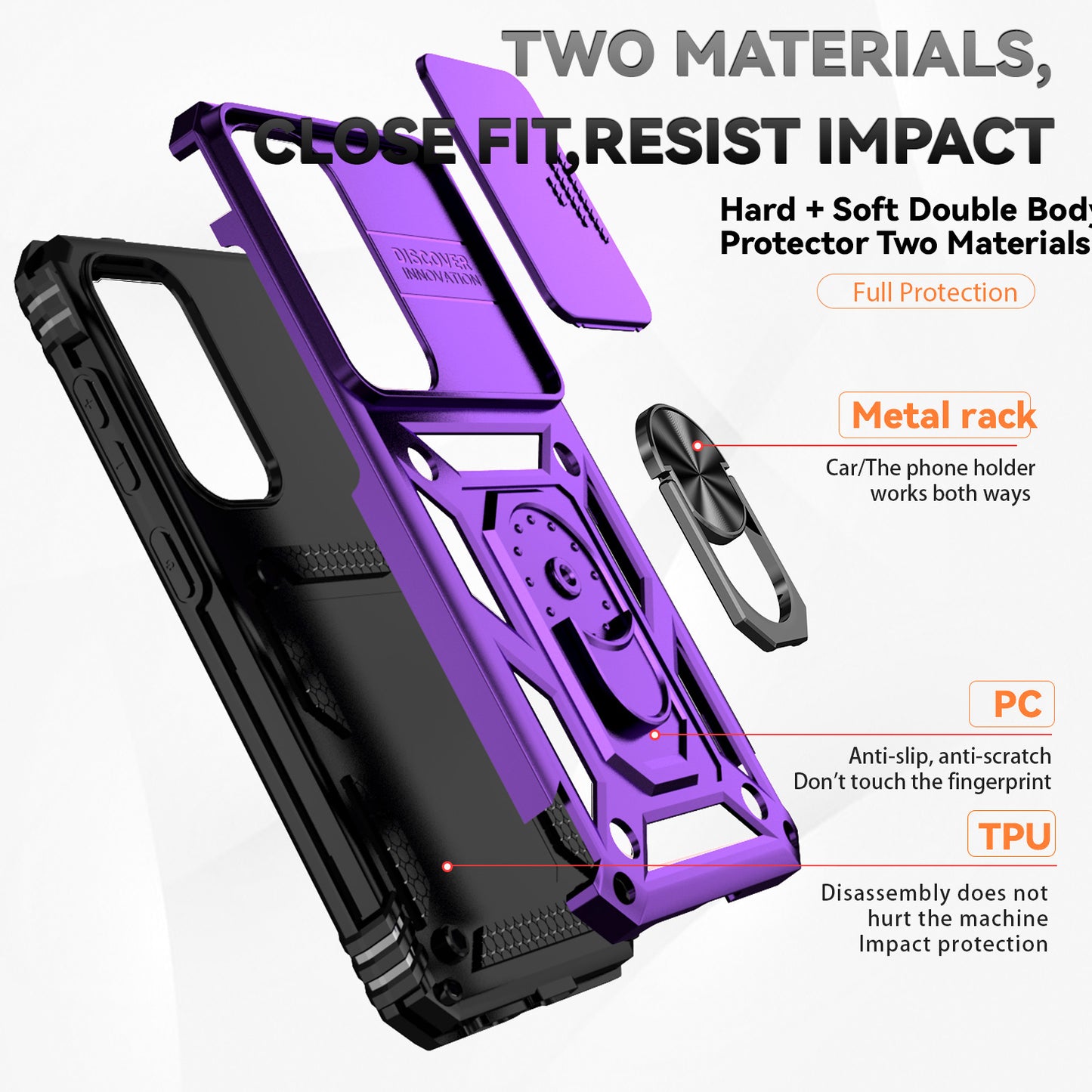 For Samsung Galaxy S24 Case with Camera Slide Protector Kickstand PC+TPU Phone Cover - Purple