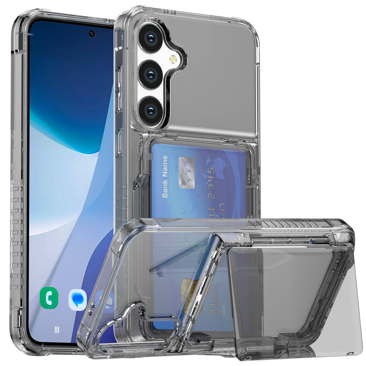 For Samsung Galaxy S24 Kickstand Case PC+TPU Clear Phone Cover Flip Card Slot - Transparent Black
