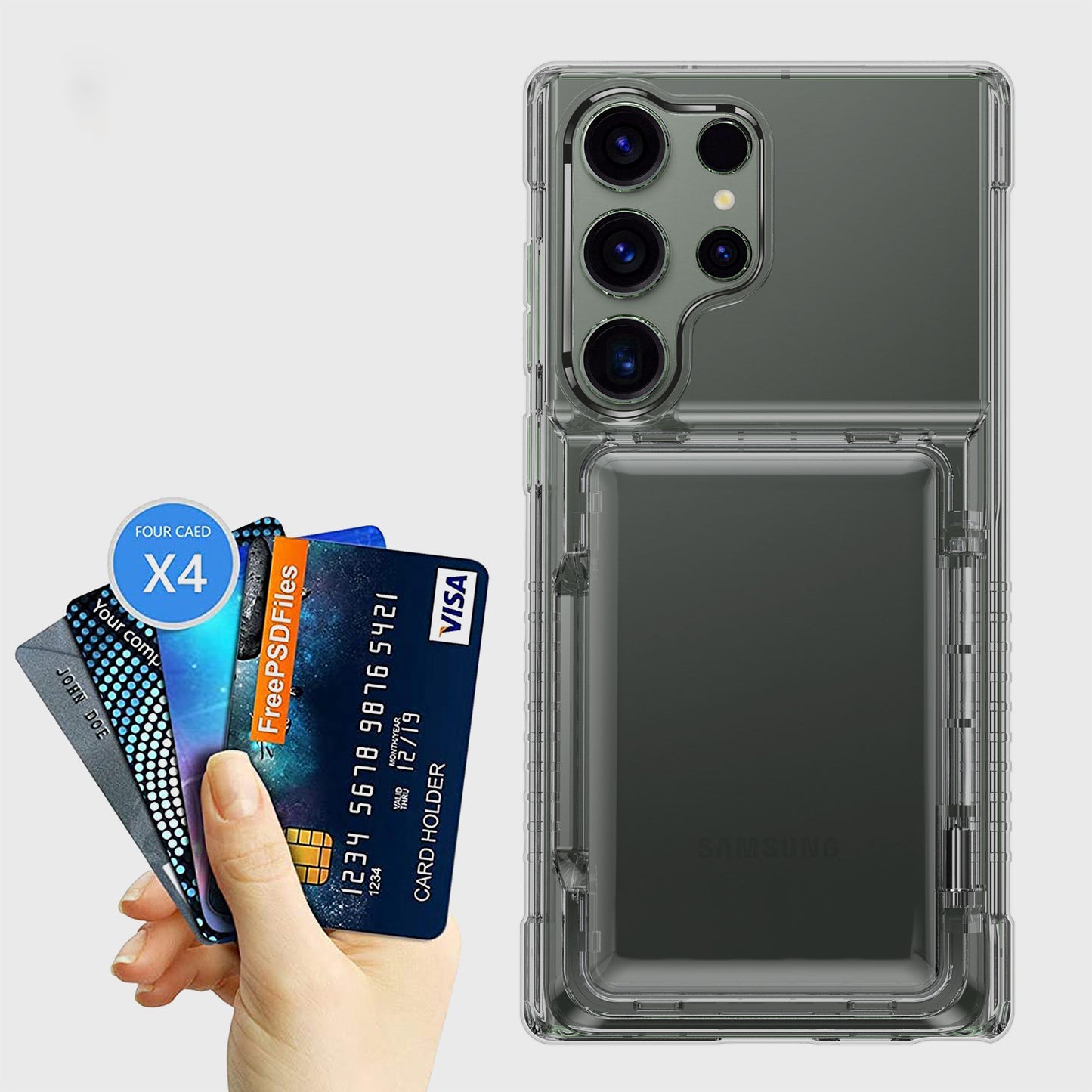 For Samsung Galaxy S24 Ultra Phone Case with Card Holder Kickstand - Transparent Black