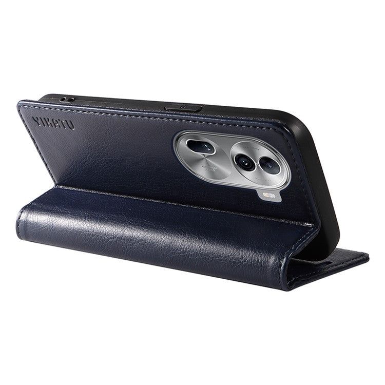 YIKATU YK-006 For Oppo Reno11 5G (Global) Cell Phone Case Litchi Texture PU Leather Stand Wallet Cover - Navy Blue