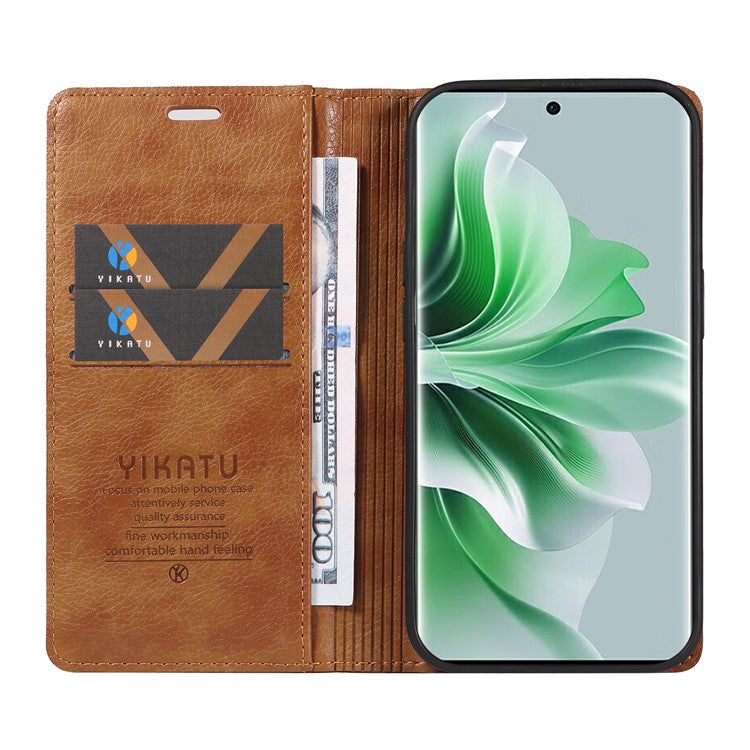 YIKATU YK-006 For Oppo Reno11 5G (Global) Cell Phone Case Litchi Texture PU Leather Stand Wallet Cover - Brown