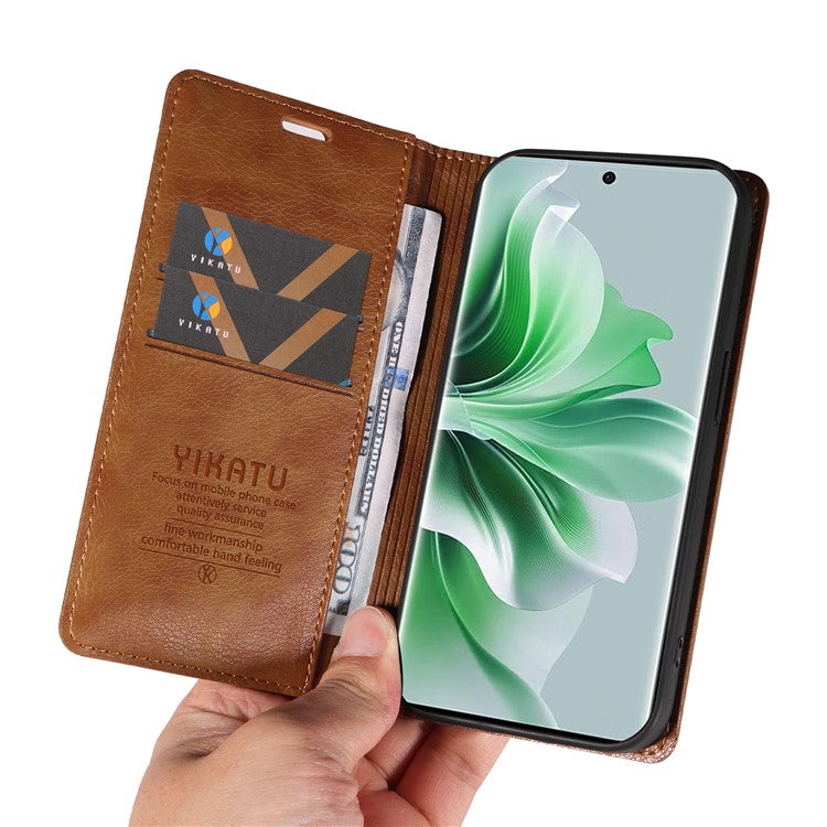YIKATU YK-006 For Oppo Reno11 5G (Global) Cell Phone Case Litchi Texture PU Leather Stand Wallet Cover - Brown