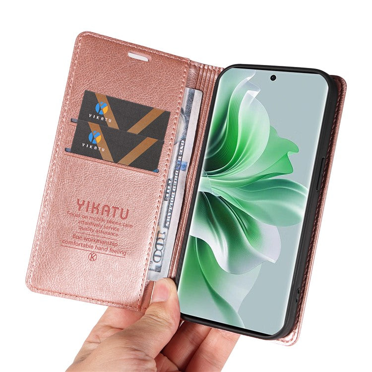 YIKATU YK-006 For Oppo Reno11 5G (Global) Cell Phone Case Litchi Texture PU Leather Stand Wallet Cover - Rose Gold