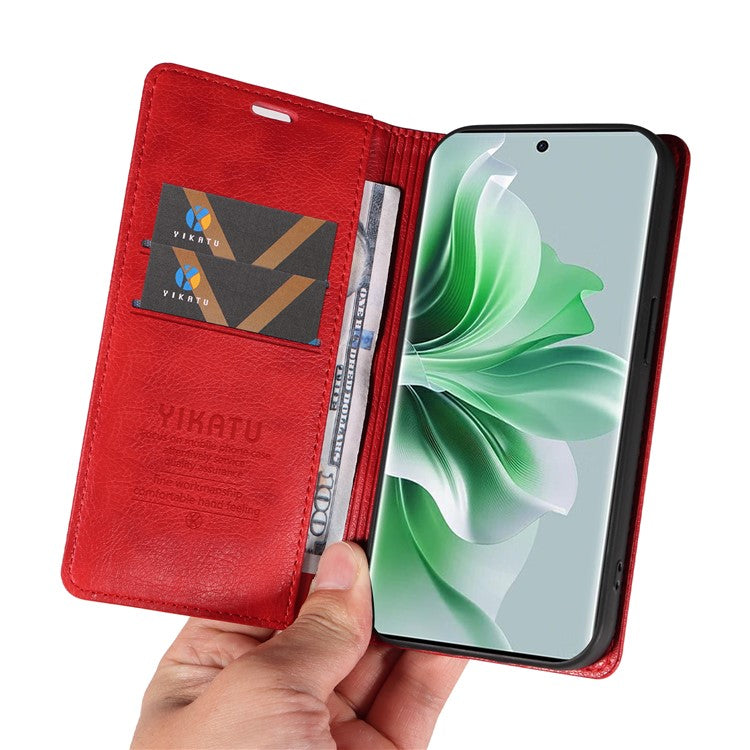 YIKATU YK-006 For Oppo Reno11 5G (Global) Cell Phone Case Litchi Texture PU Leather Stand Wallet Cover - Red