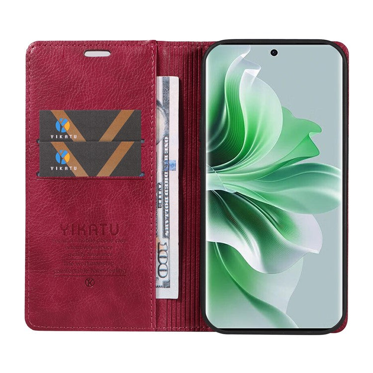 YIKATU YK-006 For Oppo Reno11 5G (Global) Cell Phone Case Litchi Texture PU Leather Stand Wallet Cover - Wine Red