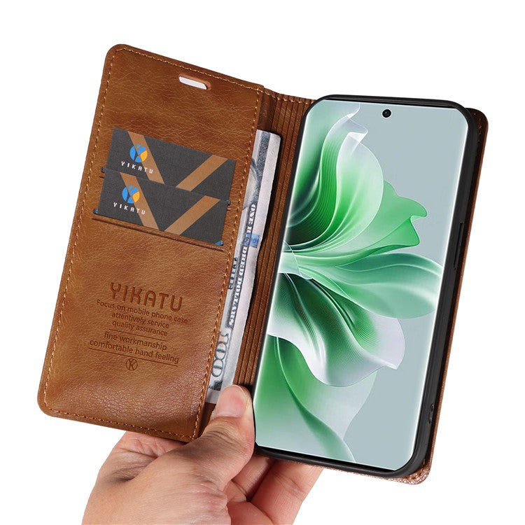 YIKATU YK-006 For Oppo Reno11 Pro 5G (Global) Case Magnetic Auto Closing PU Leather Wallet Phone Cover - Brown